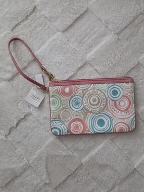 Coach Multicolor Circle Print Wristlet with Pink Strap
